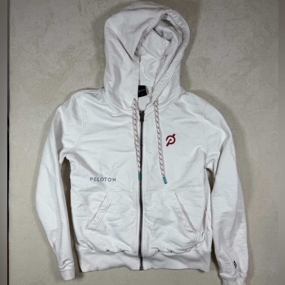Peloton Size Small White Retro Multicolor Zip-Up Hoodie with Logo